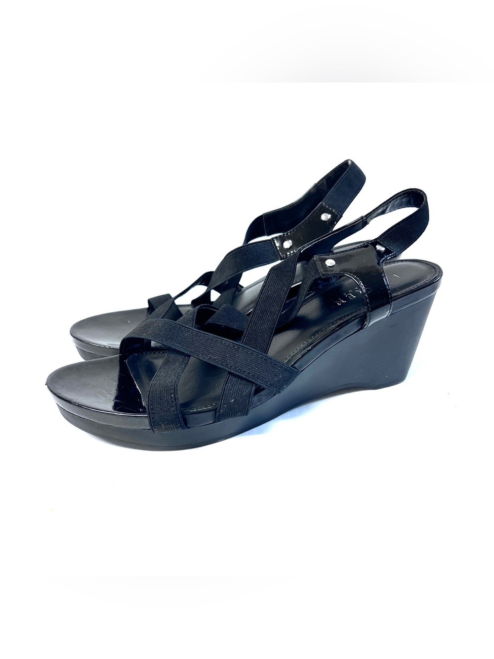 Ralph Lauren 9 Patent Leather Black Stretch Sling Strap 3”Wedges Sandals Shoes